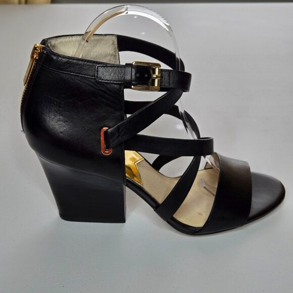 Michael Kors Theodore Black Cross Strap Rear Zipper Leather Sandal Sz 8.5 - Picture 1 of 11